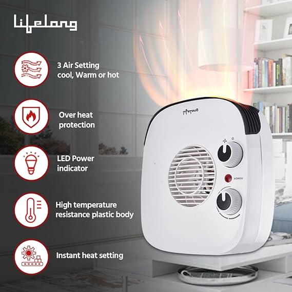 Lifelong Regalia 2000 Watt Room Heater for Home with 3 Air Setting & ISI Certified, Portable Electric Blower Heater, Room Heater for Bedroom & Office  (‎LLFH921, White)