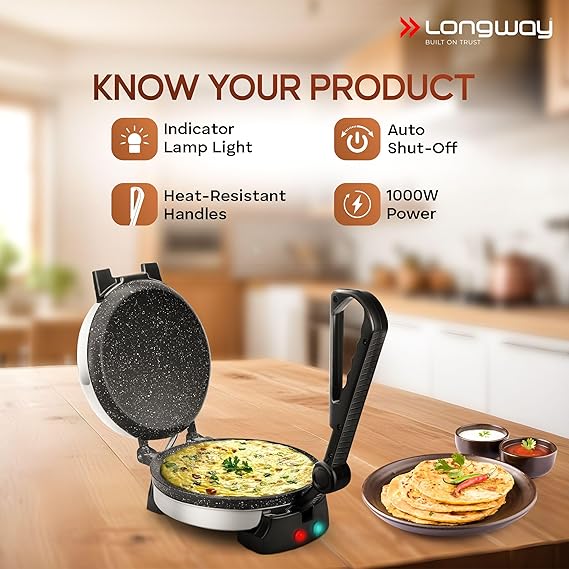 Longway Automatic Electric Roti Maker | Non-Stick Stainless Steel Press for Roti, Chapati & Parathas Multipurpose | (1000 W, Silver)