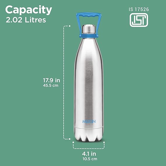 Milton Duo 2200 Thermosteel 24 Hours Hot and Cold Water Bottle with Handle, 2.02 Litres, Silver
