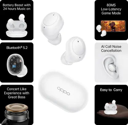 Oppo Enco Buds Bluetooth True Wireless in Ear Earbuds(TWS) with Mic, 24H Battery Life, Supports Dolby Atmos Noise Cancellation During Calls, IP54 Dust & Water Resistant,(White, True Wireless)