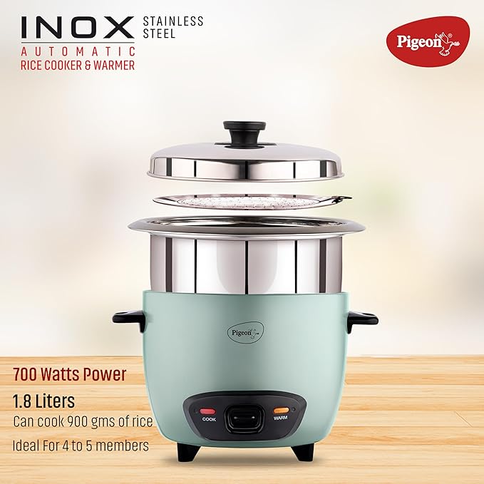 Pigeon Inox Rice Cooker with Double pot, 1.8 litres Stainless Steel Lid 700 Watts