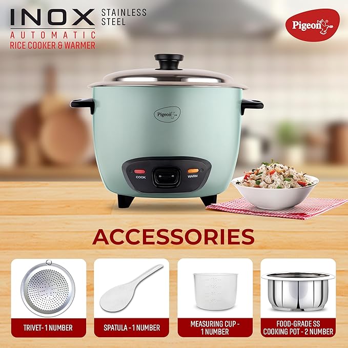 Pigeon Inox Rice Cooker with Double pot, 1.8 litres Stainless Steel Lid 700 Watts