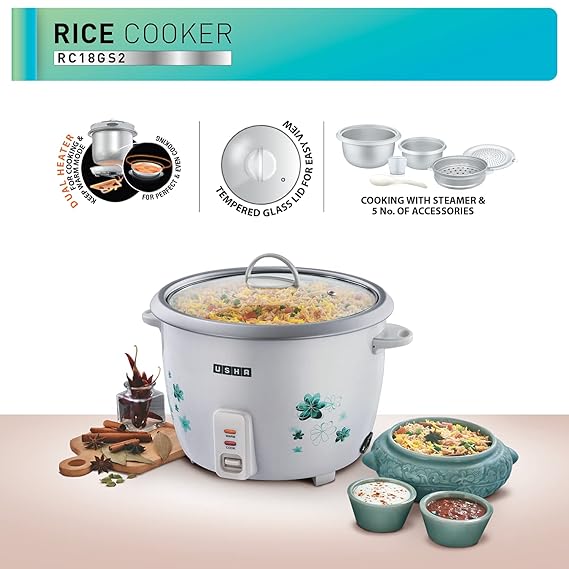 USHA RC18GS2 Steamer 700 Watt Automatic Rice Cooker 1.8 Litres with Powerful Heating Element, Keep Rice Warm for 5 Hrs, 2 Cooking Pans, Steamer, Trivet Plate & more accessories,  (White)