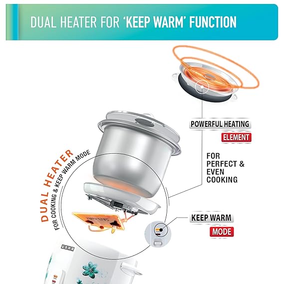USHA RC18GS2 Steamer 700 Watt Automatic Rice Cooker 1.8 Litres with Powerful Heating Element, Keep Rice Warm for 5 Hrs, 2 Cooking Pans, Steamer, Trivet Plate & more accessories,  (White)