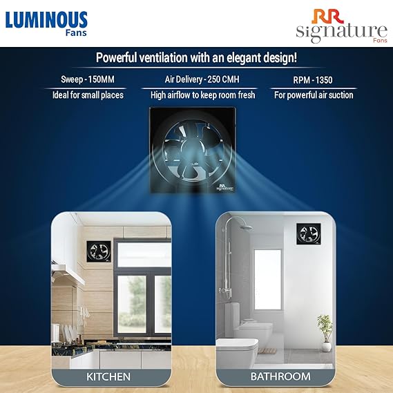 RR Signature Vento Deluxe 150 MM Exhaust Fan For Kitchen, Bathroom with Strong Air Suction, Rust Proof Body and Dust Protection Shutters (Black)