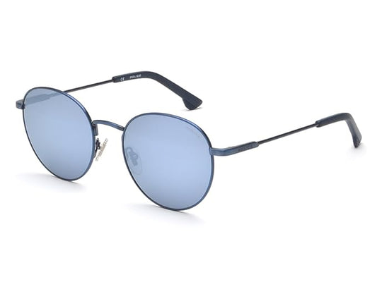 Police sunglasses| 100% UV protected | Solid Mirror | Full Rim | Round | Men | Medium | Shiny Blue Alloy Metal Frame | Silver Mirror-Smoke CR39 Lens