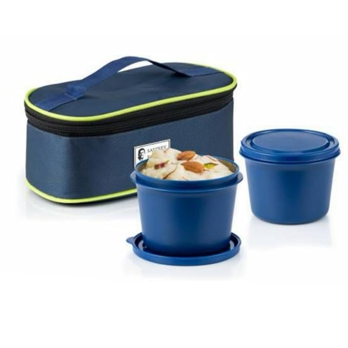 Sanjeev Kapoor Alfa 2 pcs Stainless Steel Lunch Box with a Zipper Bag (Blue)