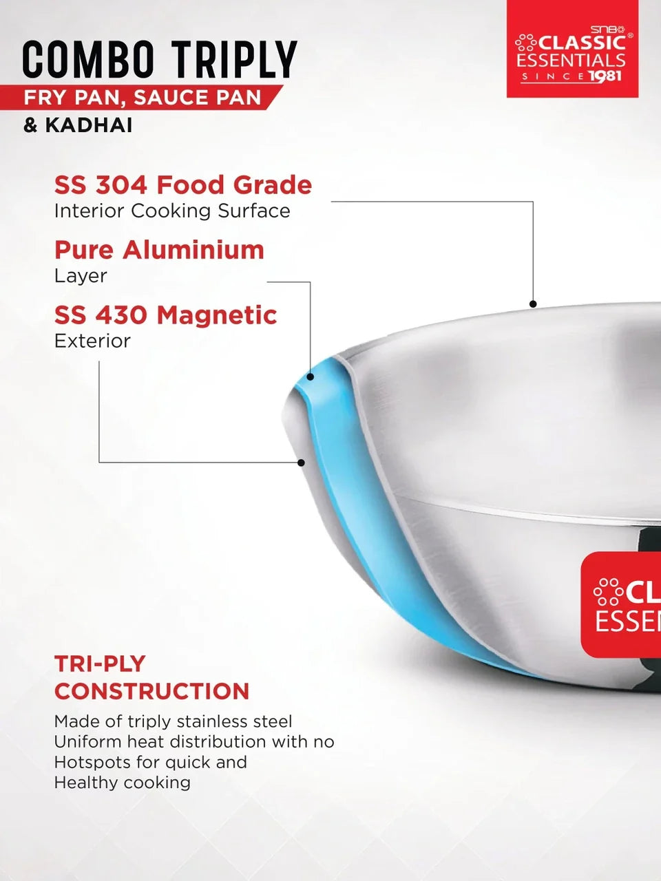 Classic Essentials Triply Kadhai with Lid 22cm, Saucepan 16cm, Frypan 22cm Combo Induction Bottom Cookware Set