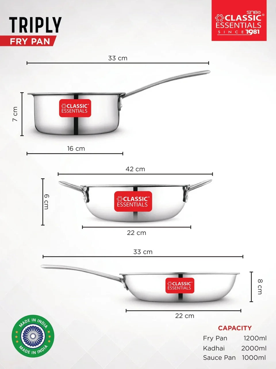 Classic Essentials Triply Kadhai with Lid 22cm, Saucepan 16cm, Frypan 22cm Combo Induction Bottom Cookware Set