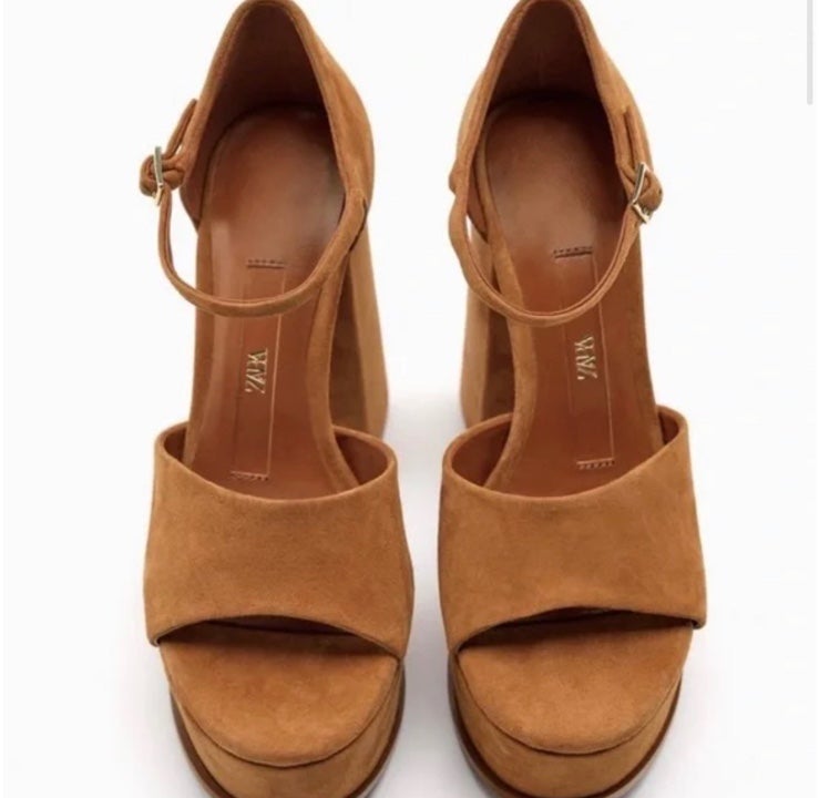 ZARA CHUNKY SUEDE PLATFORM SANDALS BROWN - 8UK