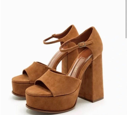 ZARA CHUNKY SUEDE PLATFORM SANDALS BROWN - 8UK