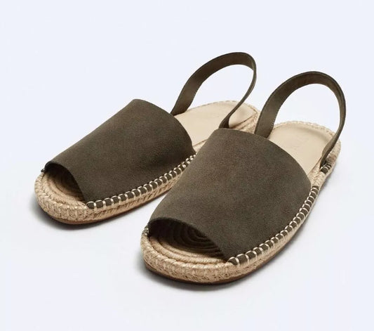ZARA Men's SS 2024 collection MULE FLAT CUT 100% SUEDE LEATHER SANDALS Khaki UK-8