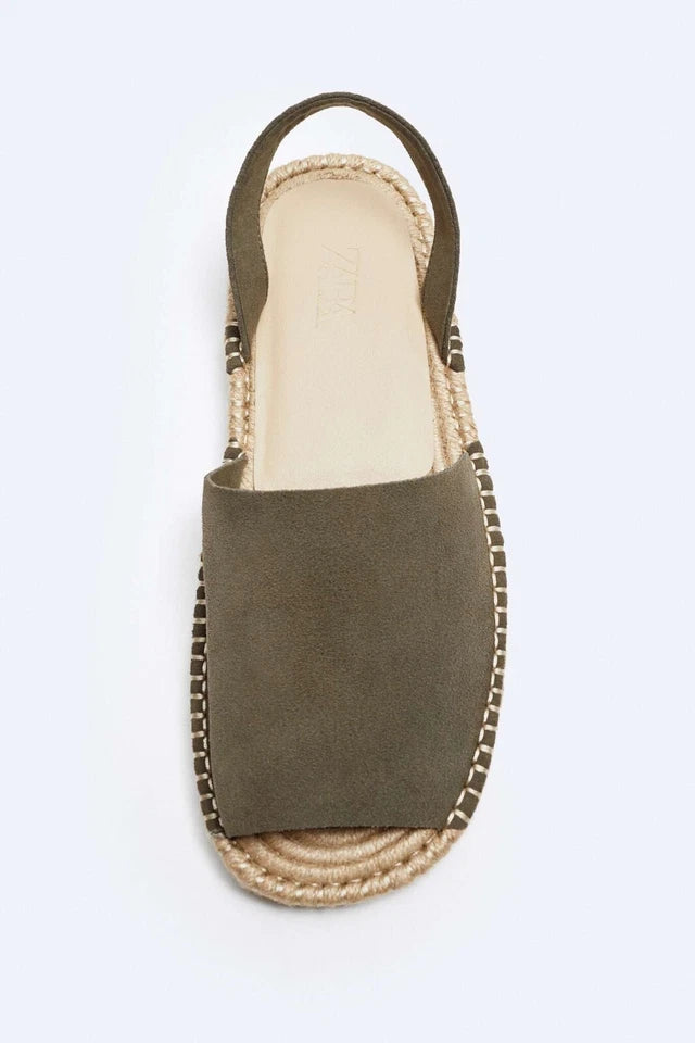 ZARA Men's SS 2024 collection MULE FLAT CUT 100% SUEDE LEATHER SANDALS Khaki UK-8