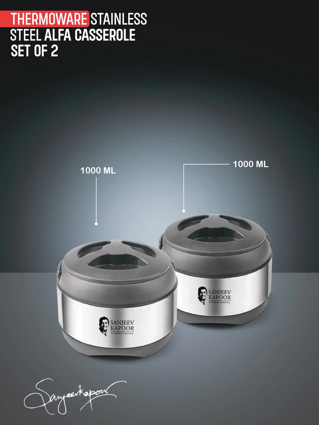Sanjeev Kapoor by Classic Essentials Stainless Steel Insulated Hot Meal Serving Alpha Pack of 2 Thermoware Casserole (1000 ml)