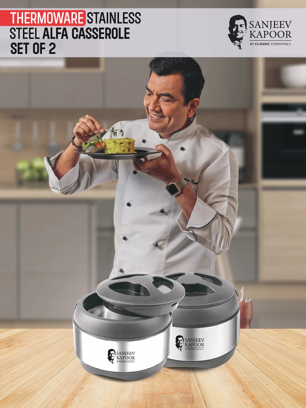 Sanjeev Kapoor by Classic Essentials Stainless Steel Insulated Hot Meal Serving Alpha Pack of 2 Thermoware Casserole (1000 ml)