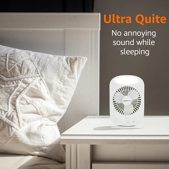 amazon basics Mini Rechargeable Portable Fan with LED Lighting | USB Charging | 3 Speeds & 3 Light Settings | 1800mAh Battery for upto 6.5-Hour Backup (White)