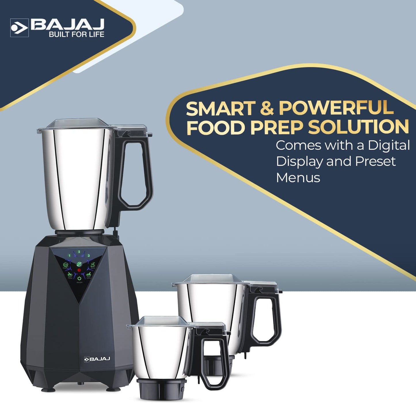 Bajaj Juvel Digi Mixer Grinder 800 Watts | Duracut Blades | Pre-Set Menu | 3 Jars | Nutri-Pro Feature | 【Dark Grey】