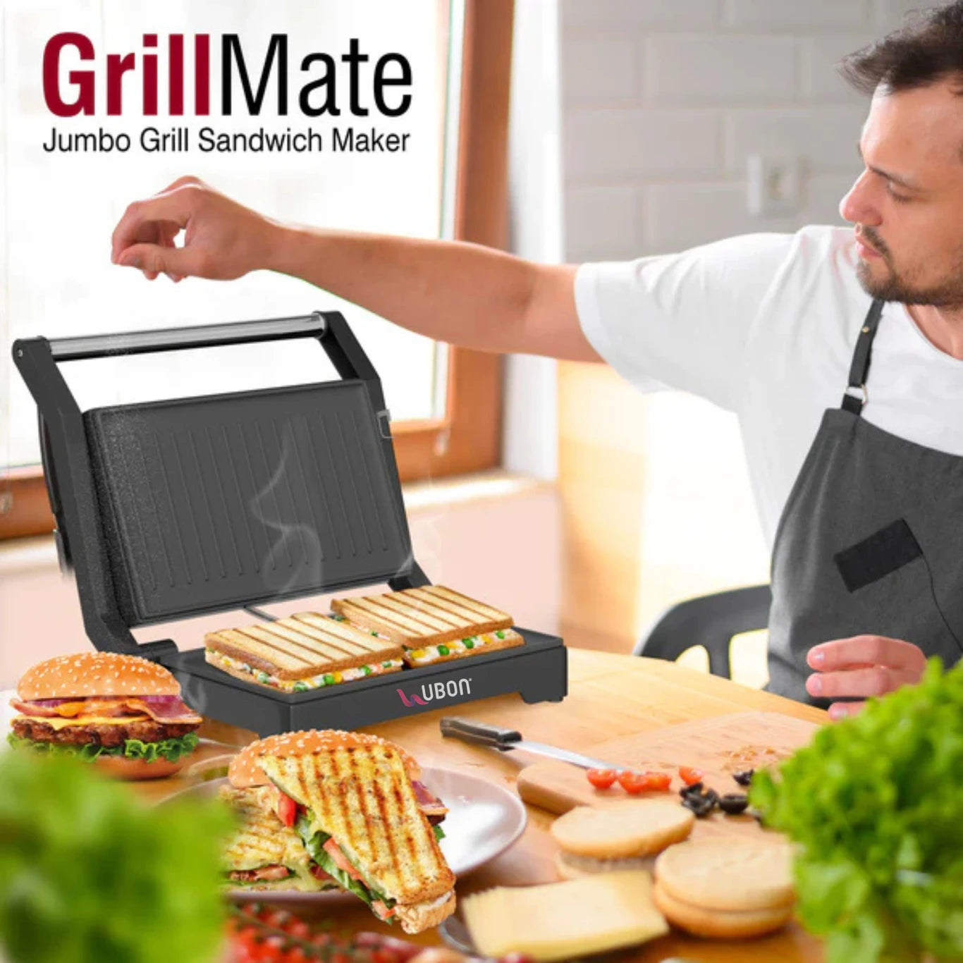 Ubon Grill Sandwich Maker Grillmate SM-4005 Grill, Toast (Silver)