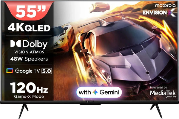 MOTOROLA 140 cm (55 inch) QLED Ultra HD (4K) Smart Google TV with 5.0 with 48 W speaker, 120Hz Game accelerator, and Dolby Atmos (55UHDGQMVSAQ)