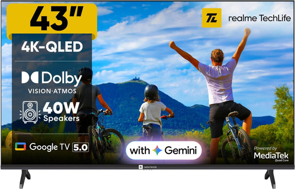realme TechLife 109 cm (43 inch) QLED Ultra HD (4K) Smart Google TV with 5.0 with Dolby Atmos, and 40 W downfiring speaker (43UHDGQRVSAQ)